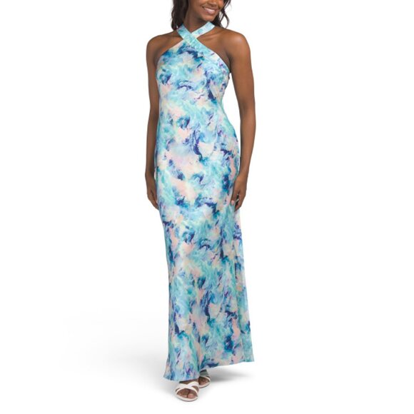 AIDAN BY ADRIANNA PAPELL Blue Multi Sleeveless Floral Halter Gown - Picture 1 of 2